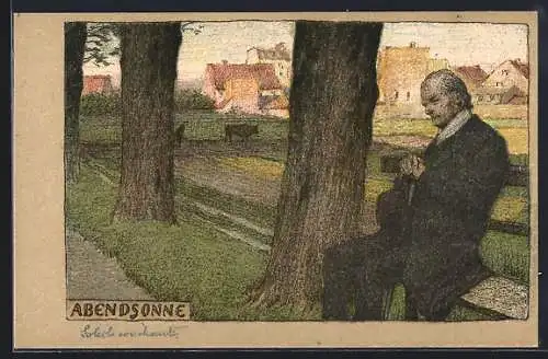 Künstler-Lithographie P. Hey: Alter Mann auf der Parkbank geniesst die Abendsonne