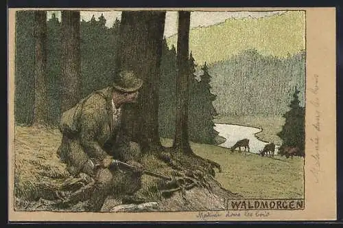 Künstler-Lithographie Paul Hey: Waldmorgen, Jäger mit Flinte hinterm Baum