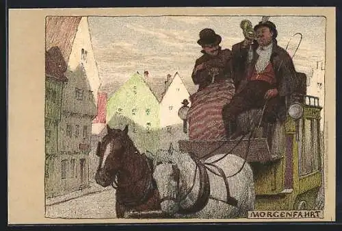 Künstler-Lithographie P. Hey: Morgenfahrt, Fahrt mit der Postkutsche