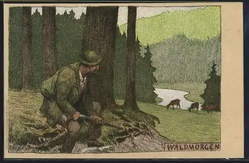 Künstler-Lithographie Paul Hey: Waldmorgen, Jäger mit Flinte hinterm Baum