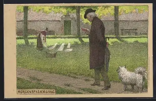 Künstler-Lithographie P. Hey: Morgenspaziergang, Mann mit Schirm und Hund, Frau mit Wäschekorb