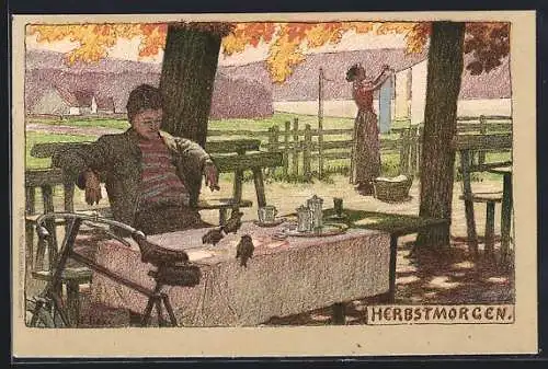 Künstler-Lithographie P. Hey: Herbstmorgen, Mann beim Frühstück, Spatzen auf dem Tisch