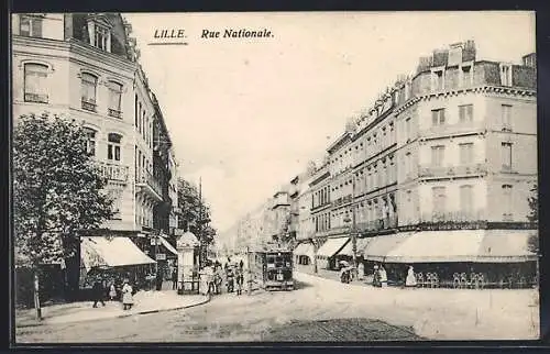 AK Lille, Rue Nationale, Strassenbahn