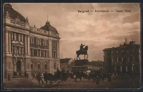 AK Belgrad, Theater-Platz mit Denkmal