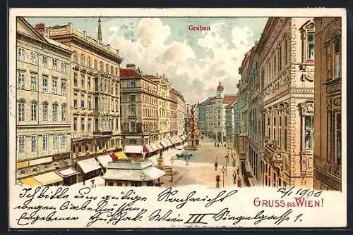 Lithographie Wien, Graben mit Geschäften und Passanten