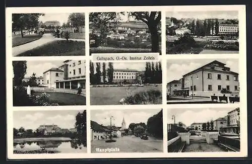 AK Gallspach, Generalansicht, die Kirche am Hauptplatz, Wasserpartie, WEgpartie im Park