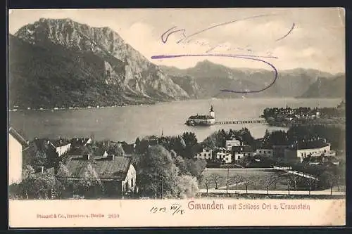 AK Gmunden, Ansicht mit Schloss Ort und Traunstein, um 1900