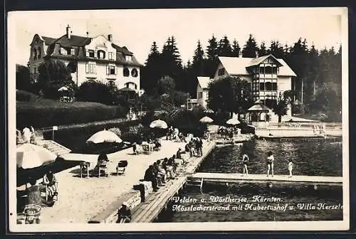 AK Velden a. Wörthersee, Mösslacherstrand mit Hubertushof u. Villa Herzele