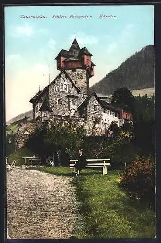 AK Obervellach, Schloss Falkenstein, Mann auf einer Bank