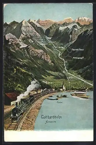 AK Flüelen, Gotthardbahn Nordseite und Bergpanorama mit Wassen, Erstfeld und Amsteg, schweizer Eisenbahn