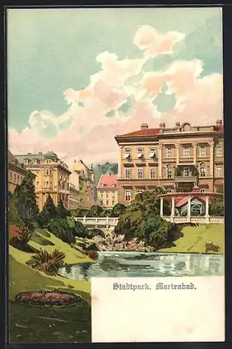 Künstler-Lithographie Marienbad, Partie im Stadtpark