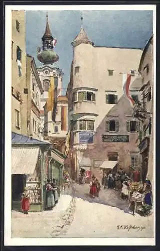 Künstler-AK E.F. Hofecker: Gmunden, Pfarrgasse