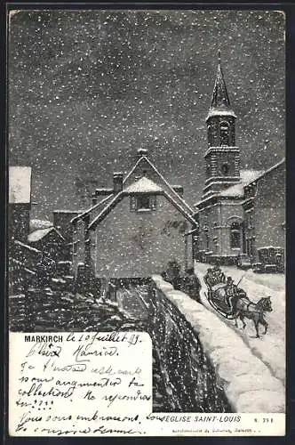 AK Markirch, Kirche Saint-Louis im Schnee, Pferdeschlitten