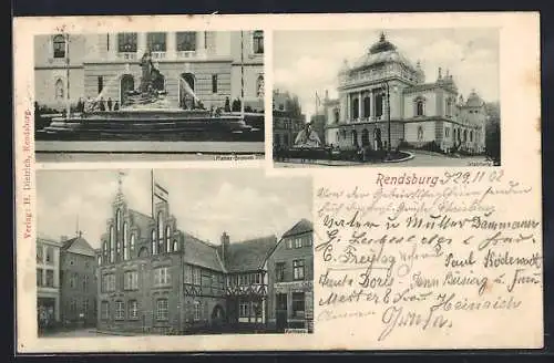 AK Rendsburg, Rathaus, Stadthalle, Pfahler-Brunnen