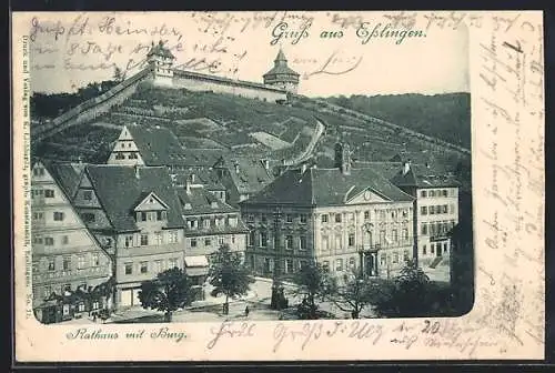 AK Esslingen / Neckar, Rathaus mit Geschäft von G. F. Kielmeyer und Burg