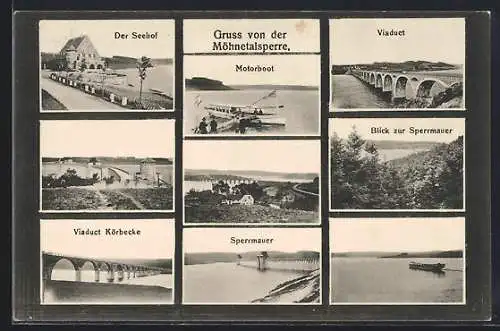 AK Körbecke / Möhnesee, Viaduct, Sperrmauer, Seehof, Motorboot