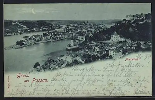 Mondschein-AK Passau, Panoramablick über die Stadt am Fluss