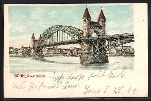 Lithographie Bonn, Blick auf die Rheinbrücke