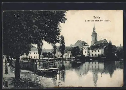 AK Triptis, Partie am Teich und Kirche