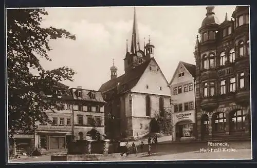 AK Pössneck, Wollwaren P. F. Schmidt am Marktplatz mit Kirche