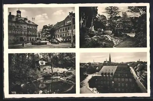 AK Hainichen i. Sa., Platz mit Denkmal, Stadthaus, Parkpartie, kleiner Teich