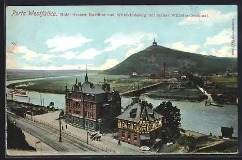 AK Porta Westfalica, Hotel Grosser Kurfürst und Wittekindsberg mit Kaiser Wilhelm-Denkmal