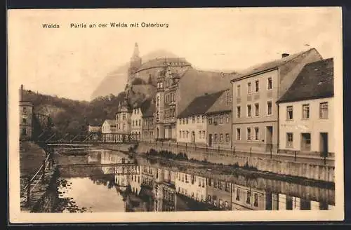 AK Weida / Thür., Partie am Fluss mit Osterburg