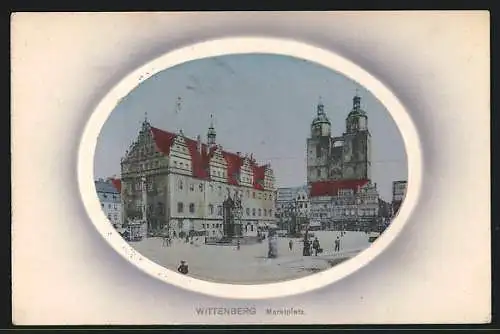 Präge-AK Wittenberg / Elbe, Marktplatz mit Geschäften und Denkmal