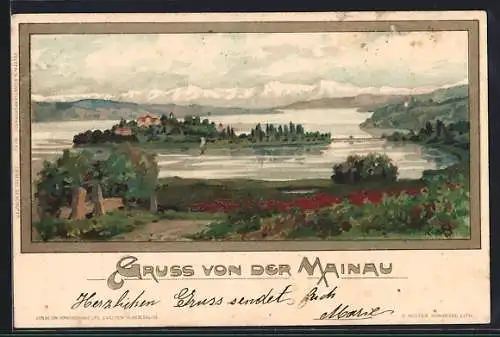 Künstler-AK K. Mutter: Insel Mainau, grüne Uferpartie mit Blick auf die Insel