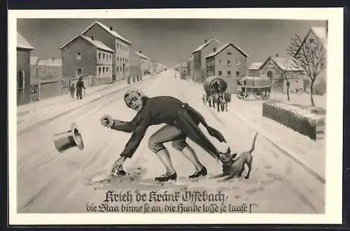 Künstler-AK Offenbach / Main, Strassenpartie, Hund beisst Mann