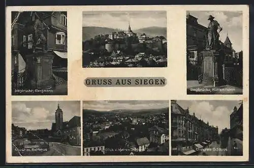 AK Siegen, Schloss, Unteres Schloss, Markt mit Rathaus