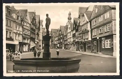 AK Siegen i. W., Poststrasse mit Geschäften und Zierbrunnen