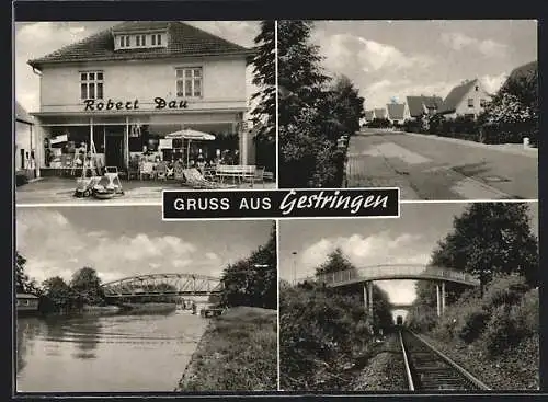 AK Gestringen, Geschäft von Robert Dau, Brücke, Strassenpartie