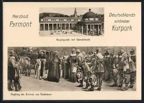 AK Pyrmont, Kurpark, Hauptquelle mit Wandelhalle, Empfang des Bischofs von Paderborn