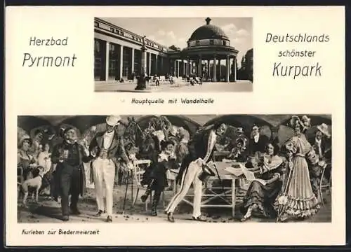 AK Pyrmont, Kurpark, Hauptquelle mit Wandelhalle, Kurleben zur Biedermeierzeit