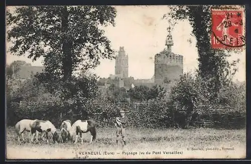 AK Verneuil, Paysage vu du Pont Versailles avec chevaux et enfant au premier plan