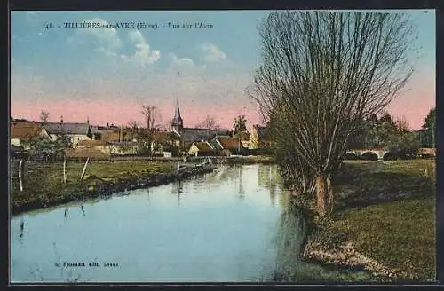 AK Tillières-sur-Avre, Vue sur l`Avre et le village avec clocher et pont