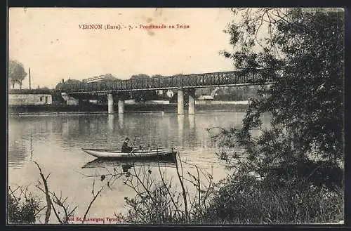 AK Vernon, Promenade en Seine avec pont et bateau