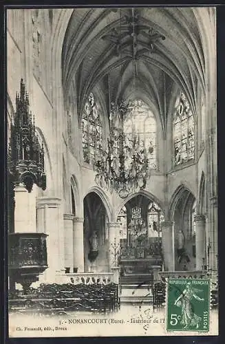 AK Nonancourt, Intérieur de l`église Notre-Dame avec lustre et vitraux