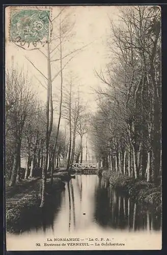 AK Verneuil, La Guchardière avec un ruisseau bordé d`arbres et un pont charmant