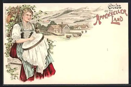 Lithographie Frau in Tracht des Appenzeller Landes beim Sticken