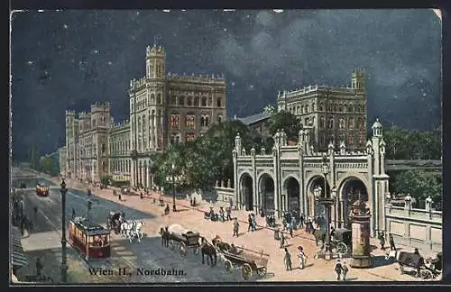 AK Wien, Nordbahnhof mit Litfasssäule bei Nacht