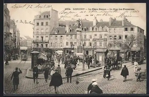 AK Lorient, La Place Bisson, La Rue des Fontaines, Strassenbahnen