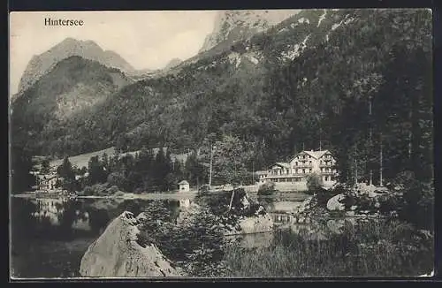 AK Hintersee / Berchtesgaden, Ortspartie mit Uferblick