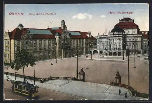 AK Chemnitz, Neues Stadttheater und König Albert-Museum mit Strassenbahn