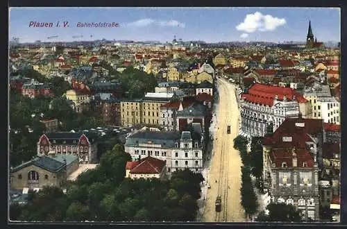 AK Plauen i. V., Bahnhofstrasse mit Strassenbahn