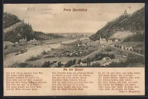 AK Porta Westfalica, Gesamtansicht mit Kaiser-Wilhelm-Denkmal, Weserbrücke und Weserlied