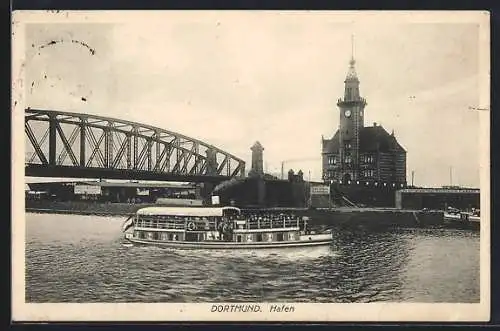 AK Dortmund, Hafen mit Brücke und Dampfer