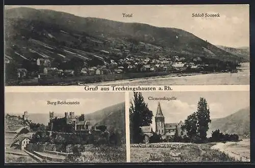 AK Trechtingshausen a. Rh., Totalansicht mit Schloss Sooneck, Burg Reichenstein, Clemenskapelle