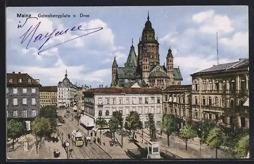 AK Mainz, Gutenbergplatz und Dom mit Strassenbahn